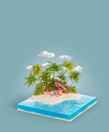 Unusual 3d illustration of a tropical island. Young mother with her kid have fun sitting on a beach. Travel and vacation concept.の写真素材