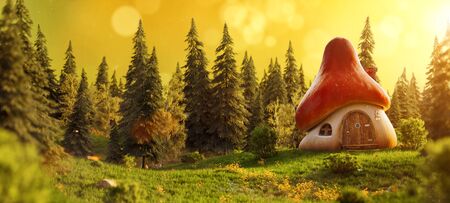 Amazing cute cartoon mushroom house on a meadow in the midst of magical forest. Unusual 3D illustration