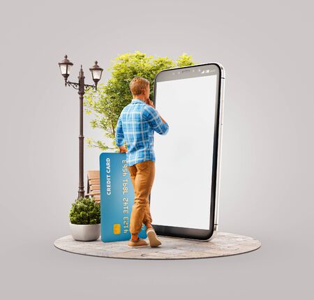 Unusual 3d illustration of a young man with credit card standing outdoors at big smartphone and using smart phone application for shopping an payment. Payment online concept.の写真素材