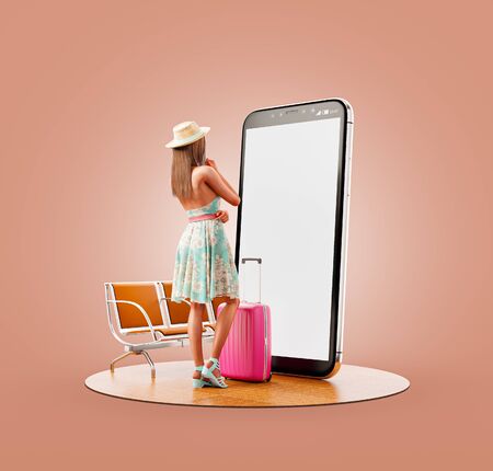 Unusual 3d illustration of a young woman in summer dress with travel suitcase standing in front of smartphone and using smart phone application. Smartphone travel apps concept.の写真素材