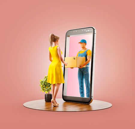 Unusual 3d illustration of a young woman receiving parcel from delivery service courier through smart phone screen. Delivery and post apps concept.の写真素材