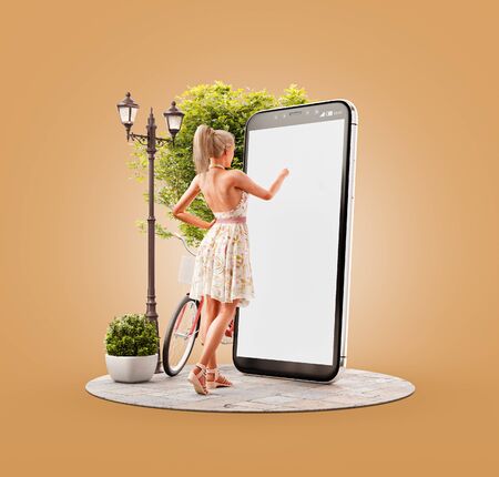 Unusual 3d illustration of a pretty woman in summer dress standing in front of smartphone and touching smart phone screen. Smartphone apps concept.の写真素材