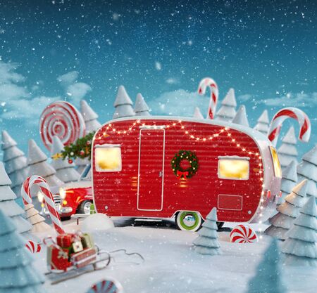 Unusual Christmas 3d illustration of decorated Santa's Christmas red camper with Christmas lights in a magical forest with candy canes.の写真素材
