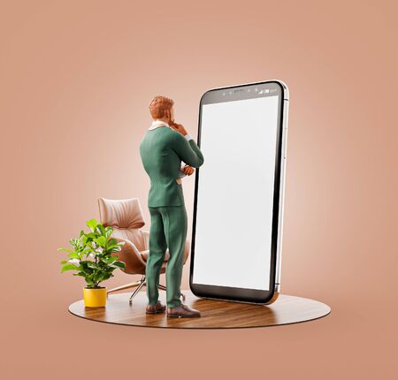 Unusual 3d illustration of a businessman in suit standing in fron of smartphone and using smart phone application. Smartphone apps concept.の写真素材