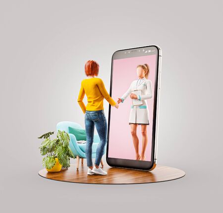 Unusual 3d illustration of a young woman standing in front of smartphone screen shaking hands with her doctor. Health care Smartphone apps. Online medical consultation and support concept.の写真素材