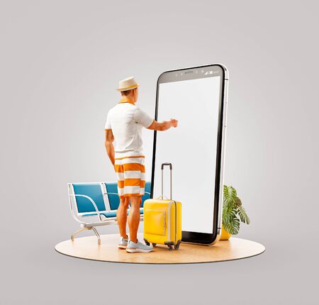 Unusual 3d illustration of a tourist with in straw hat with his luggage standing in front of smartphone and using smart phone application. Travel smartphone apps concept.の写真素材