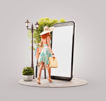 Unusual 3d illustration of a Happy woman with shopping bags going to big smartphone and using smart phone application. Smartphone apps concept. Consumerism and shopping.