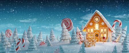 Amazing fairy Christmas gingerbread house decorated of Christmas lights in a magical forest with candy canes. Unusual Christmas 3d illustration postcard.の写真素材