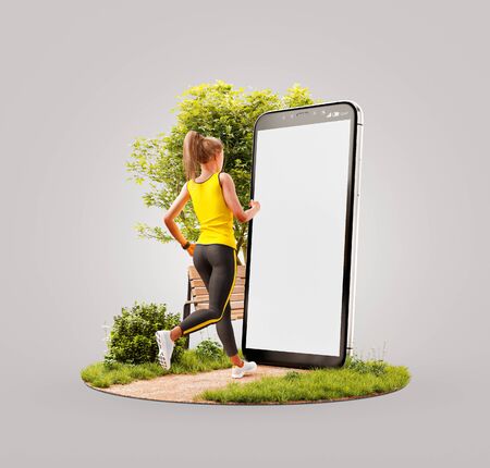 Unusual 3d illustration of a young woman in sportswear running in park in front of smartphone and using smart phone for exercises. Smartphone sports and gum apps concept.の写真素材