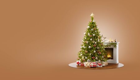 Unusual 3D illustration of a beautiful decorated Christmas tree at fireplace at home. Merry Christmas and Happy New Year concept.の写真素材