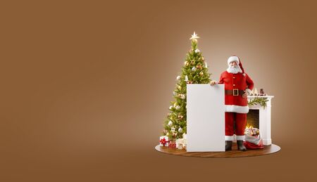 Unusual 3D illustration of Santa Claus standing near Christmas tree at fireplace and holding white empty board. Merry Christmas and Happy New Year concept.の写真素材