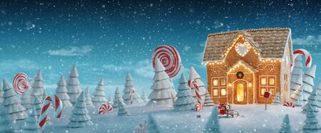 Amazing fairy Christmas gingerbread house decorated of Christmas lights in a magical forest with candy canes. Unusual Christmas 3d illustration postcard.の写真素材