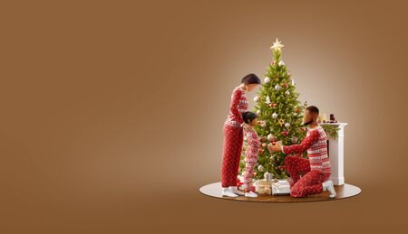 Unusual 3D illustration of happy family in pajamas near Christmas tree at fireplace at home. Father is giving a gift to his daughter. Merry Christmas and Happy New Year concept.の写真素材