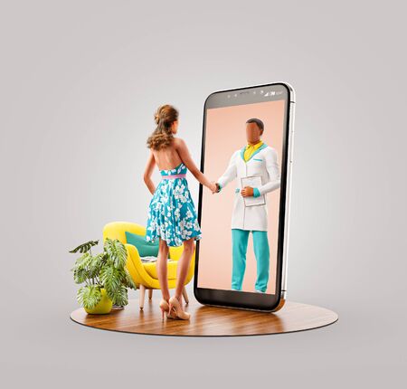Unusual 3d illustration of a young woman standing in front of smartphone screen shaking hands with her doctor. Health care Smartphone apps. Online medical consultation and support concept.の写真素材