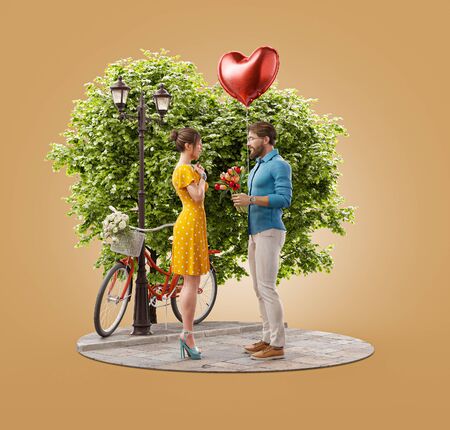 Unusual 3d illustration of a young beautiful couple in love on date. Young man with balloons and bouquet of flowers. Romantic relationship and family concept. Valentines dayの写真素材