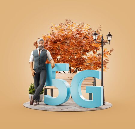 Unusual 3d illustration of a man standing beside 5G sign. High-speed Internet 5G standard network...