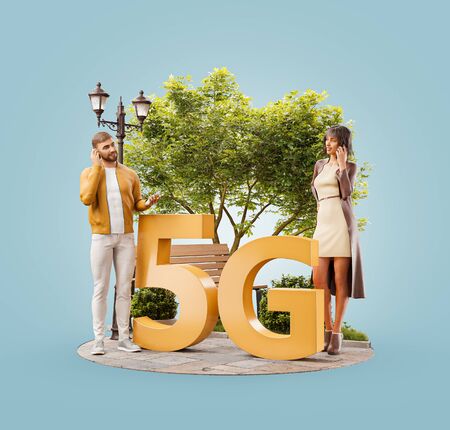 Unusual 3d illustration of a young couple standing beside 5G sign. High-speed Internet 5G standard...