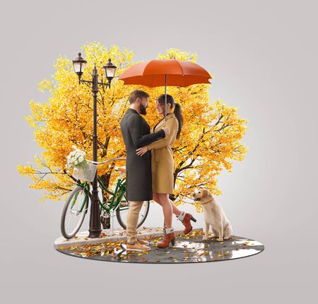 Unusual 3d illustration of a young beautiful couple in love standing under umbrella and looking at each other on rainy autumn day. Romantic relationship and family concept. Valentines dayの写真素材