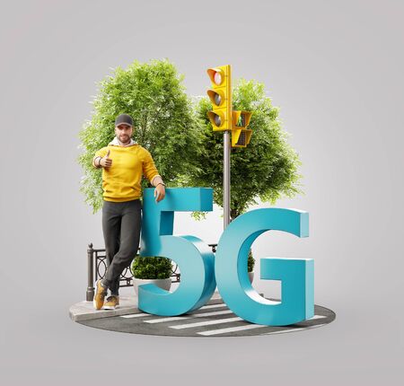 Unusual 3d illustration of a man standing beside 5G sign and showing thumb up. High-speed Internet 5G standard network wireless signal transmission technology.の写真素材