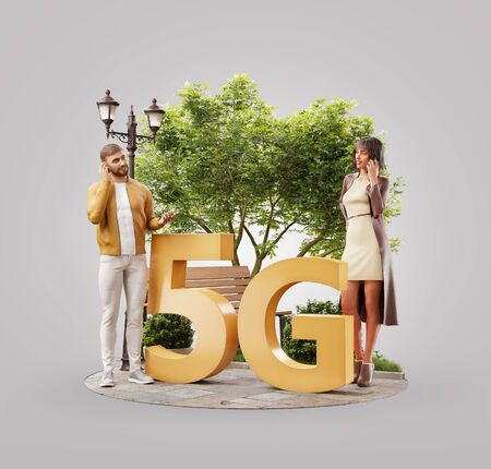 Unusual 3d illustration of a young couple standing beside 5G sign. High-speed Internet 5G standard network wireless signal transmission technology.の写真素材