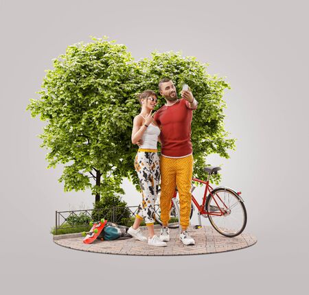 Unusual 3d illustration of a young beautiful couple in love hugging and taking selfie standing in park. Romantic relationship and family concept. Valentines dayの写真素材