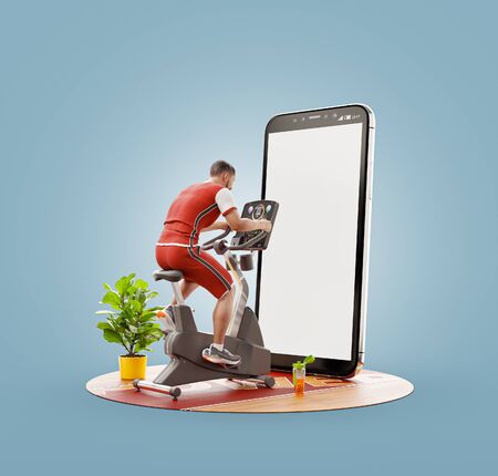 Unusual 3d illustration of an athletic man riding on spinning bike in the gym standing in front of smartphone with empty screen. Sports application concept.の写真素材