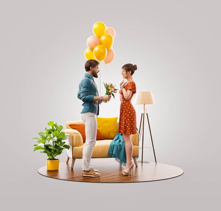 Unusual 3d illustration of a young beautiful couple in love on date. Young man with balloons and bouquet of flowers. Romantic relationship and family concept. Valentines dayの写真素材