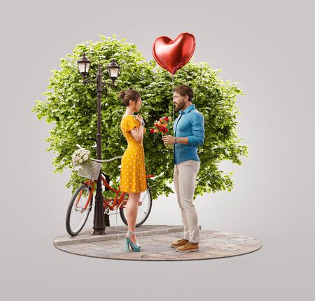 Unusual 3d illustration of a young beautiful couple in love on date. Young man with balloons and bouquet of flowers. Romantic relationship and family concept. Valentines dayの写真素材