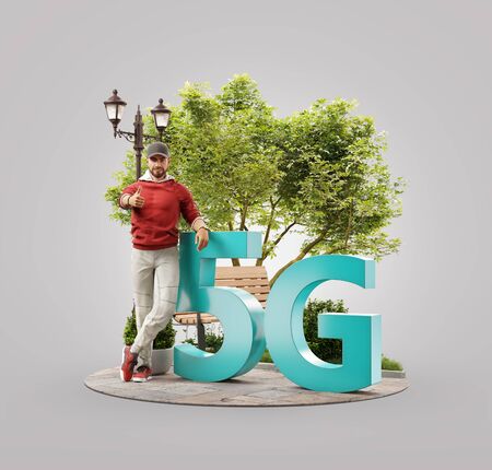 Unusual 3d illustration of a man standing beside 5G sign and showing thumb up. High-speed Internet 5G standard network wireless signal transmission technology.の写真素材