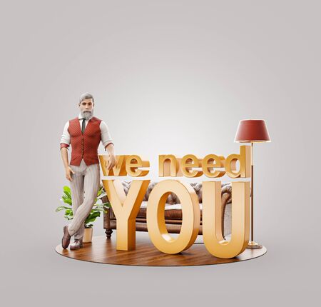Unusual 3d illustration of an attractive young man standing at phrase we need you. Head hunter. Recruiting and hiring concept.の写真素材