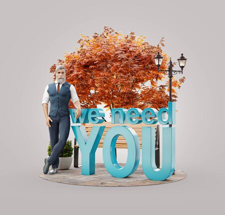 Unusual 3d illustration of an attractive young man standing at phrase we need you. Head hunter. Recruiting and hiring concept.の写真素材