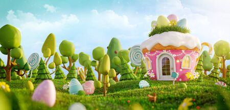 Amazing fairy house decorated at Easter in shape of muffin on the meadow in spring sunny day. Unusual Easter 3d illustration postcard.の写真素材