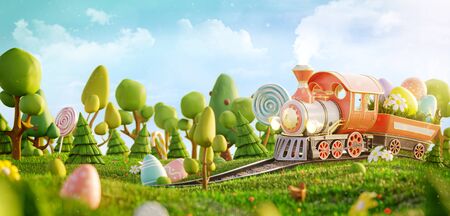 Amazing fairy Easter train in a magical forest. Unusual Easter 3d illustration postcard. Easter conceptの写真素材