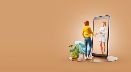 3d illustration of a woman standing in front of smartphone screen shaking hands with her doctor. Health care Smartphone apps. Online medical consultation and support concept.の写真素材