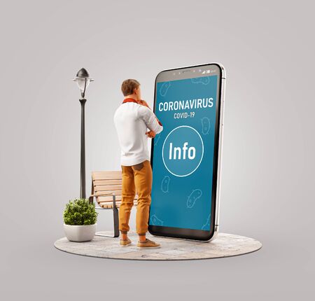 Unusual 3d illustration of a man standing at big smartphone and reading information about coronavirus. Coronavires news concept.の写真素材