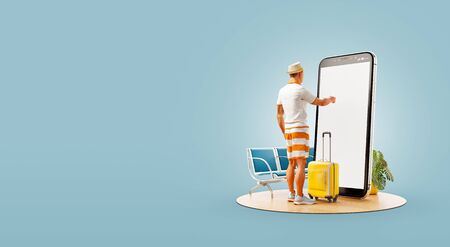 3d illustration of a tourist with his luggage standing in front of smartphone and using smart phone application. Travel smartphone apps concept.の写真素材