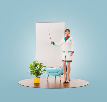 Unusual 3d illustration of young female doctor is pointing to flip chart. Doctor demonstrating information on the white board flipchart. Medical presentation, information, recommendations or tips concept.の写真素材