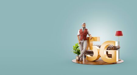 3d illustration of a man standing beside 5G sign. High-speed Internet 5G standard network wireless...