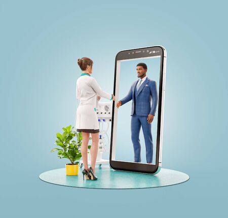 3d illustration of a female doctor standing in front of smartphone screen and shaking hands with her patient. Health care Smartphone apps. Online medical consultation and support concept.の写真素材