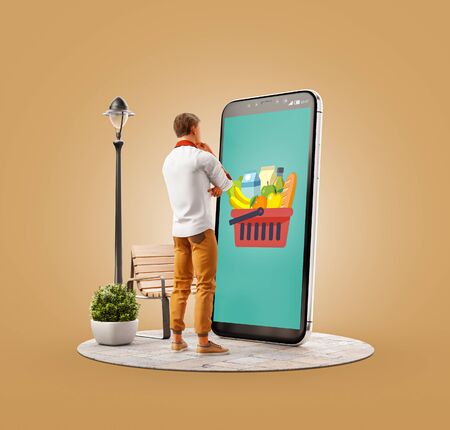 Unusual 3d illustration of a young man standing at big smartphone and making online grocery orders. Food Delivery apps concept. Online grocery shopping.の写真素材