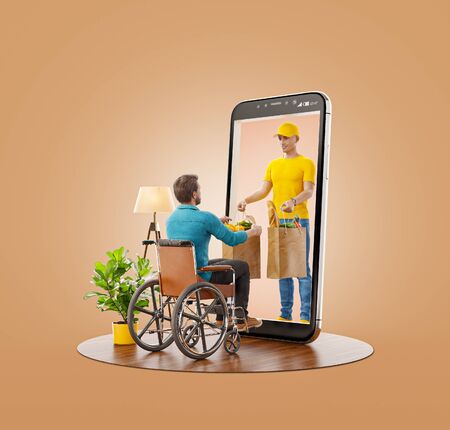 Unusual 3d illustration of a Young Disabled man sitting in a wheelchair receiving order from courier. Food delivery service smart phone application. Online grocery shopping.の写真素材