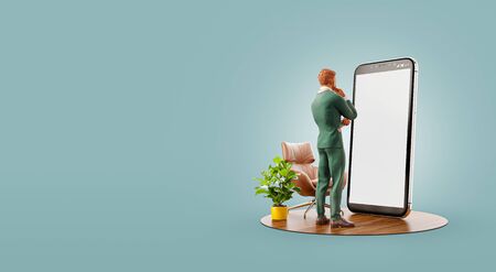 3d illustration of a businessman in suit standing in fron of smartphone and using smart phone application. Smartphone apps concept.の写真素材