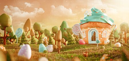 Amazing fairy house decorated at Easter in shape of muffin. Unusual Easter 3d illustration postcard. Easter conceptの写真素材