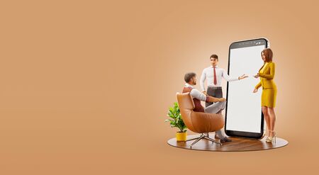 3d illustration. Smartphone app ui design development and presentation. Application and social media concept. Web development and web design. Business teamwork concept.の写真素材