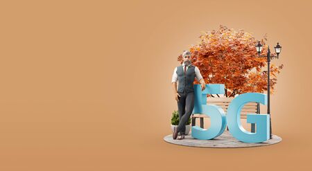 3d illustration of a man standing beside 5G sign. High-speed Internet 5G standard network wireless signal transmission technology.の写真素材