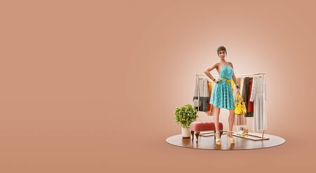 3d illustration of a beauty woman in casual clothes standing in boutique. Cloth market. Online shopping concept.の写真素材