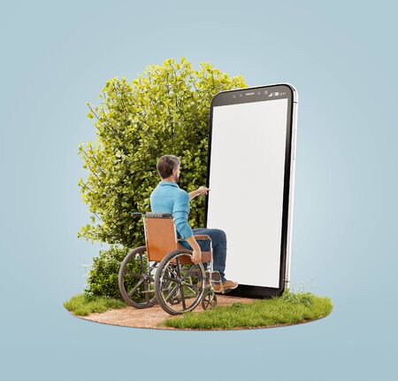 Young Disabled man is sitting in a wheelchair in front of smartphone with blank screen and using smart phone application. Disability concept 3d illustration.の写真素材