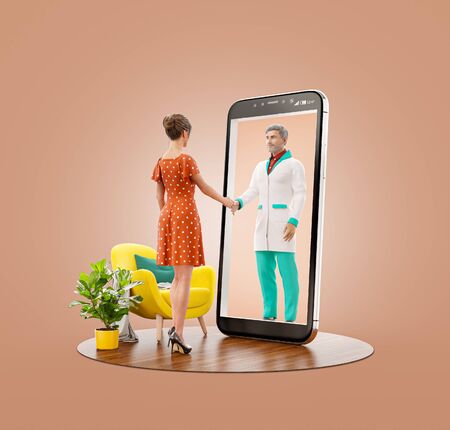 3d illustration of a woman standing in front of smartphone screen shaking hands with her doctor. Health care Smartphone apps. Online medical consultation and support concept.の写真素材
