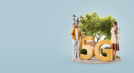 3d illustration of a young couple standing beside 5G sign. High-speed Internet 5G standard network wireless signal transmission technology.の写真素材