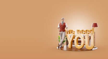 3d illustration of an attractive young man standing at phrase we need you. Head hunter. Recruiting and hiring concept.の写真素材